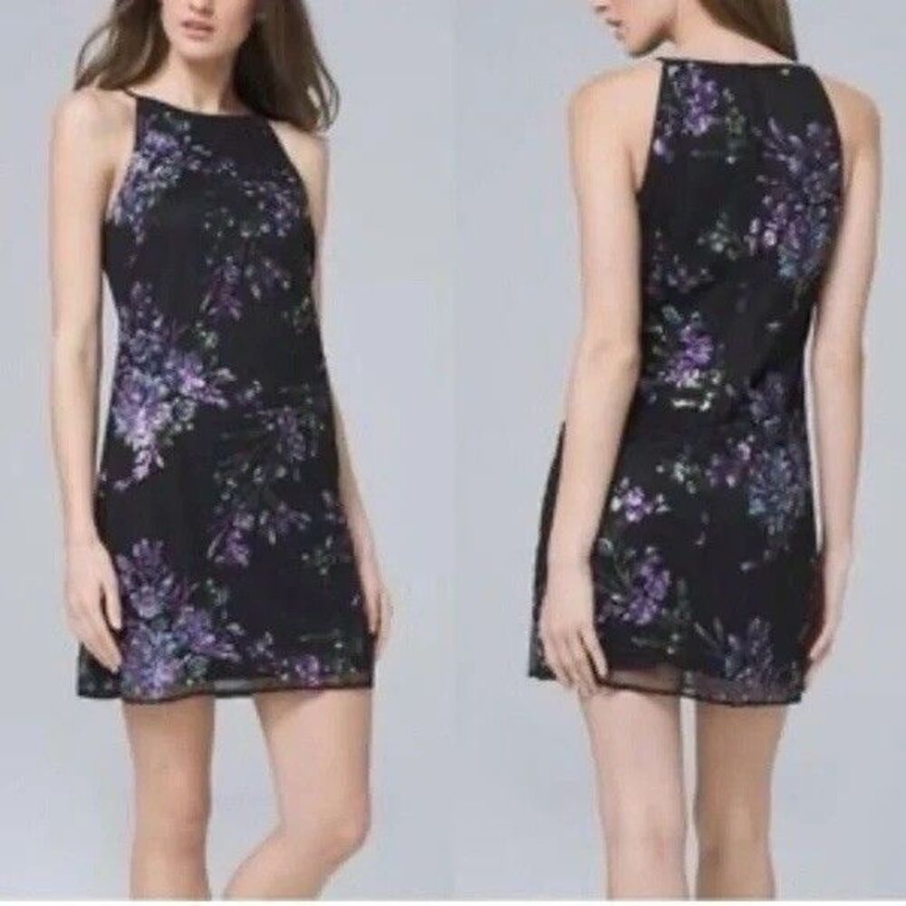 White House Black Market Black Floral Sequin Mesh Shift Dress Sleeveless Size 4